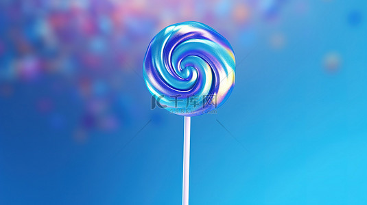 蓝色柔和的横幅，上面有一根棍子上闪闪发光的棒棒糖的 3D 渲染
