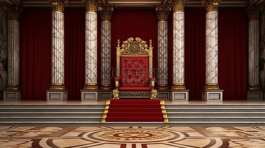 富丽堂皇的红色王座，带有 3D 渲染楼梯，以宫殿为背景