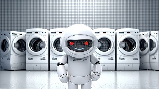现代白色洗衣机吉祥物的 3D 渲染，在警察阵容或照片背景的极端特写中