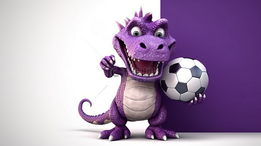 有趣的 3d 紫色恐龙举着标牌和足球