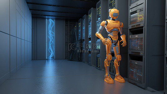 协助背景图片_服务器机房中的机器人通过 3D 渲染协助比特币操作