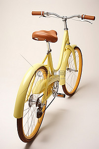 一辆带有棕色座椅和后端的黄色自行车