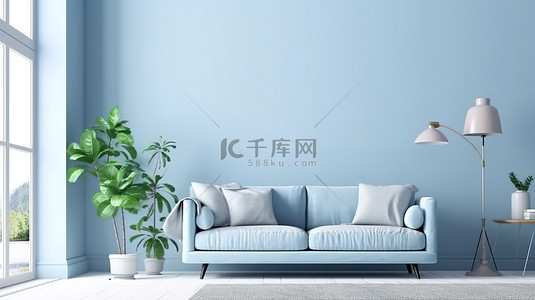 墙壁海报背景图片_浅蓝色客厅设计与室内海报样机的 3D 渲染