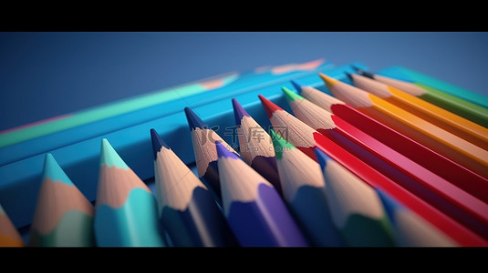 充满活力的铅笔在 3d 渲染中设置在蓝色背景和空白纸上
