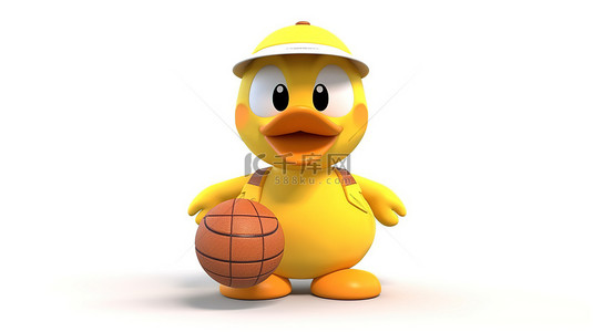 可爱的 3D 黄鸭吉祥物在白色背景上拿着篮球