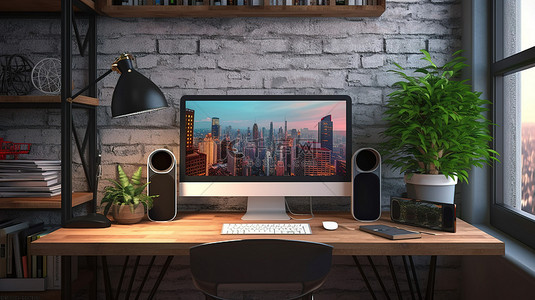 复合 3D 渲染上的阁楼风格室内样机桌面笔记本和海报屏幕