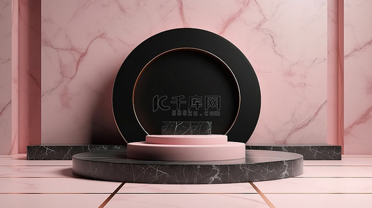 时尚奢侈品背景图片_优雅的跑道平台，配有简约的黑色大理石和粉色背景，用于产品展示 3D 渲染
