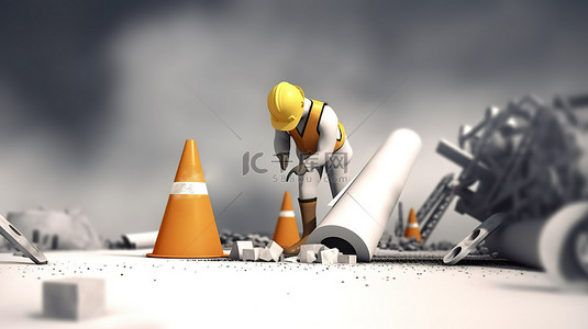 遵守交通信号灯背景图片_有 3d 手提钻交通锥和正在施工标志的建筑工人