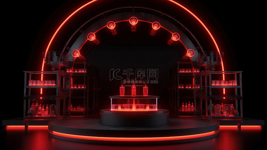 红色方形背景图片_使用 3D 渲染的红色霓虹灯照亮的黑色实验室舞台