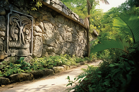 沿小路装饰着石头和植物的墙壁