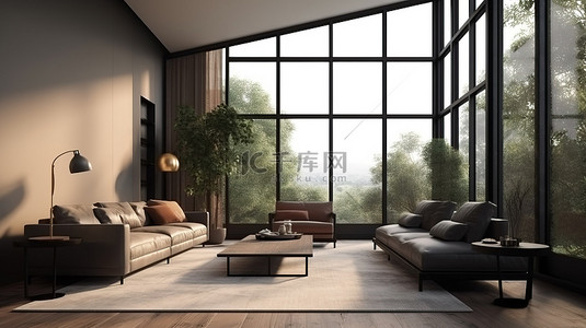 带大窗户的客厅中舒适扶手椅的现代家居舒适 3D 渲染