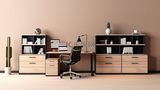 时髦的背景图片_现代办公柜的 3D 渲染，配有架子办公桌装饰和两把时髦的侧椅
