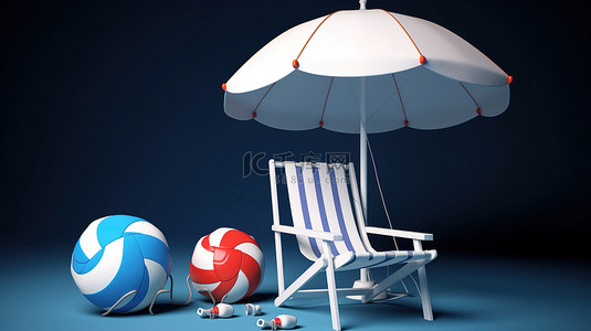 蓝色和白色海滩设置的 3d 渲染，带有躺椅伞救生圈和蓝色背景下的沙滩球