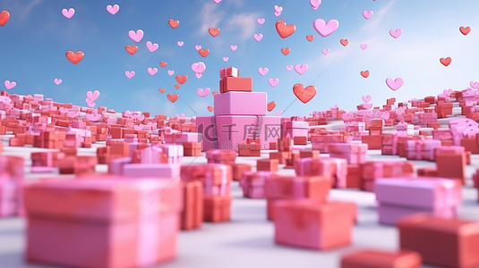 大量的粉色礼物，在 3D 渲染中装饰着漂浮的心形