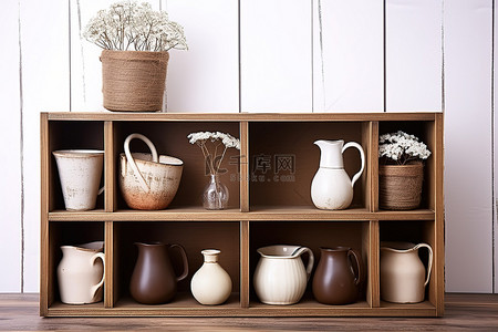 现代花瓶背景图片_带空花瓶的现代木制展示柜