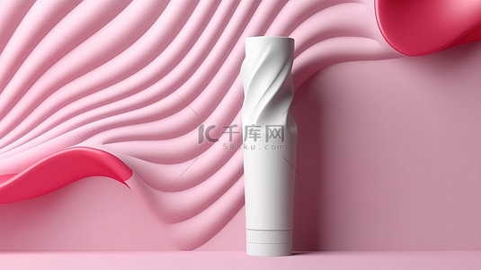 具有粉红色抽象图形形状背景的化妆品或护肤白管模型的 3D 渲染