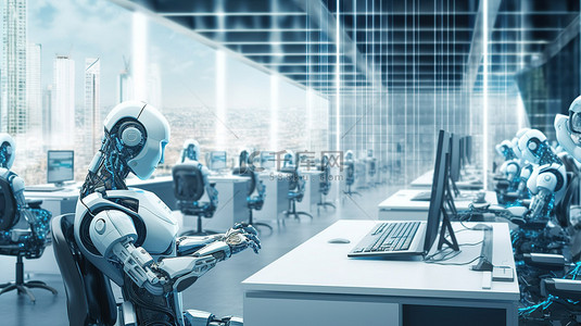 智能办公室 3D 渲染人工智能机器人作为自动化工人