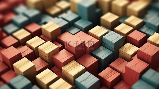 色彩鲜艳的木块近距离描绘了 3D 逻辑思维的概念