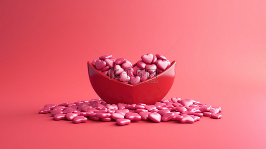 粉红色背景上呈现的鲜艳红色色调的醒目的心形糖果是情人节的创意 3D 渲染概念