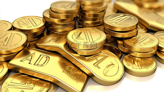 可交易金白色背景的 3D 插图，带有金条硬币和 au 刻字