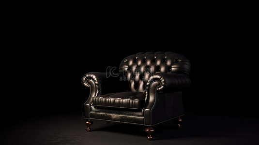 黑色背景，3D 渲染空置的豪华皮革扶手椅，靠在空墙上
