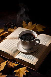 一本打开的书，上面有一个咖啡杯，坐在树叶上
