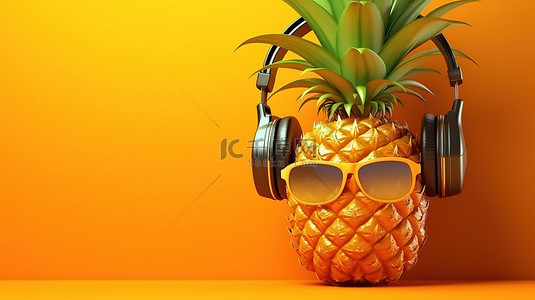 夏日祭祭背景图片_太阳镜和耳机的 3D 插图装饰菠萝，带有自定义文本的空间
