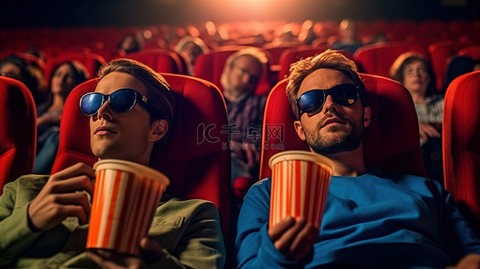两个好友戴着 3D 眼镜一边在时尚的电影院里一边嚼爆米花一边欣赏搞笑电影