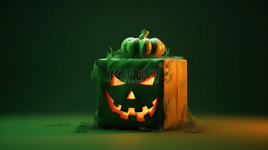 绿色背景，3D 渲染南瓜头，10 月 31 日用礼品盒庆祝万圣节快乐