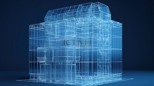 蓝色背景下的 3D 透明建筑
