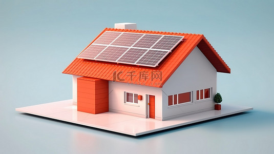 白色背景上带有电池的独立太阳能供电房屋的 3D 插图