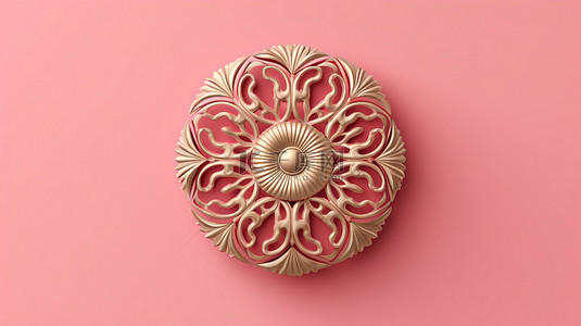 最小的顶视图产品展示，带有珊瑚粉色 3D 插图黄金装饰品和古董灵感图案