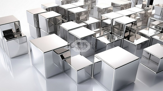 在白色背景上以 3D 渲染方式组合在一起的铬金属立方体