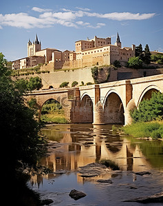 一座古老的石桥，前面的河上有一座大城堡
