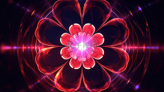 对称的红色万花筒花与霓虹灯线未来派 3D 抽象背景