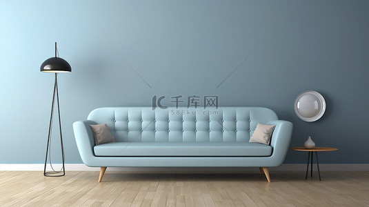 简约客厅中浅蓝色沙发和边桌的 3D 渲染，配有灰色墙壁和浅色木地板