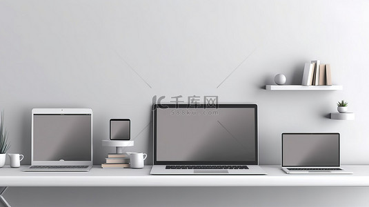 灰色手机背景图片_灰色墙架横幅，带有笔记本电脑手机和平板电脑的 3D 插图