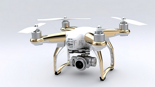 老式相机连接到空白白色画布 3D 渲染上的白色四轴飞行器