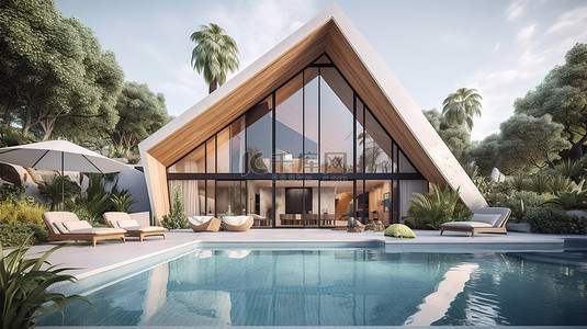 带游泳池的现代别墅 令人惊叹的 3D 渲染时尚斜屋顶设计