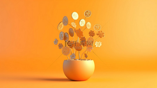 代表加密货币趋势的浅橙色背景上盆栽幼苗中比特币花的 3d 插图