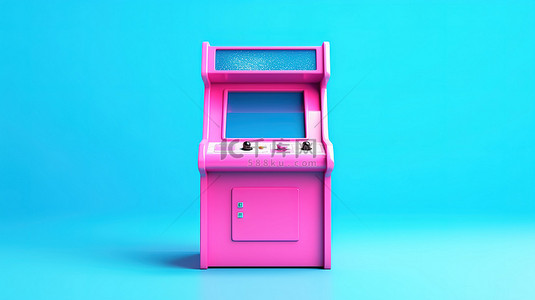街机控制背景图片_粉红色背景与双色调蓝色游戏街机，具有用于定制 3D 渲染的空白屏幕