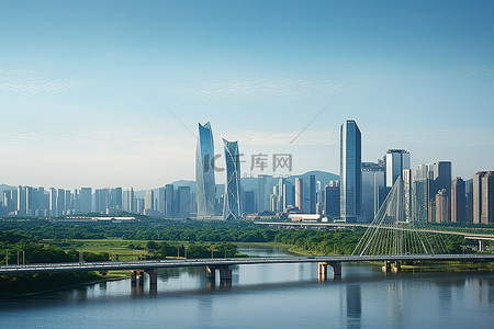 天空线背景图片_首尔的一些大型摩天大楼有桥梁和林木线