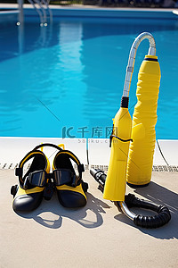 潜水装备背景图片_游泳池附近的潜水装备库存通气管