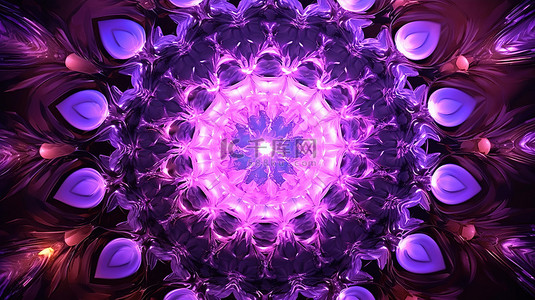 由创意 3D 插图中闪亮的明亮紫色宝石形成的抽象万花筒装饰