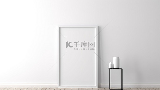 白色木地板，带有垂直空白框架和白色墙壁 3D 渲染海报框架模型，比例为 34，30x40 厘米和 18x24 英寸
