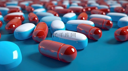补充瓶背景图片_蓝色和白色背景下的 3D 渲染中的一堆抗菌胶囊