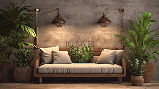 朴实的木质客厅，配有沙发枕头灯植物和窗户 3D 渲染