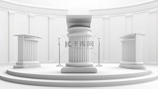 带麦克风和论坛台的白色扬声器讲台的独立 3D 渲染