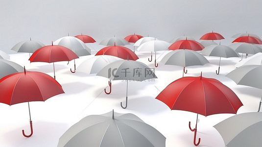 团队文字背景图片_悬挂在半空中的红色和浅灰色雨伞 3d 渲染，下方有文字空间