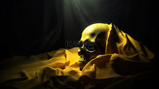 黄色布料覆盖在 3D 头骨轮廓怪异的万圣节艺术品上